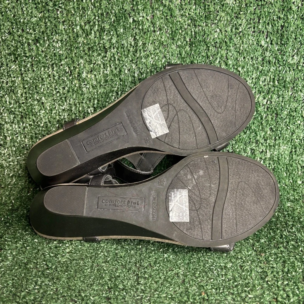 Comfort Plus Predictions Rhinestone‎ T-Strap Wedge Sandal Pewter Womens 9.5 Wide